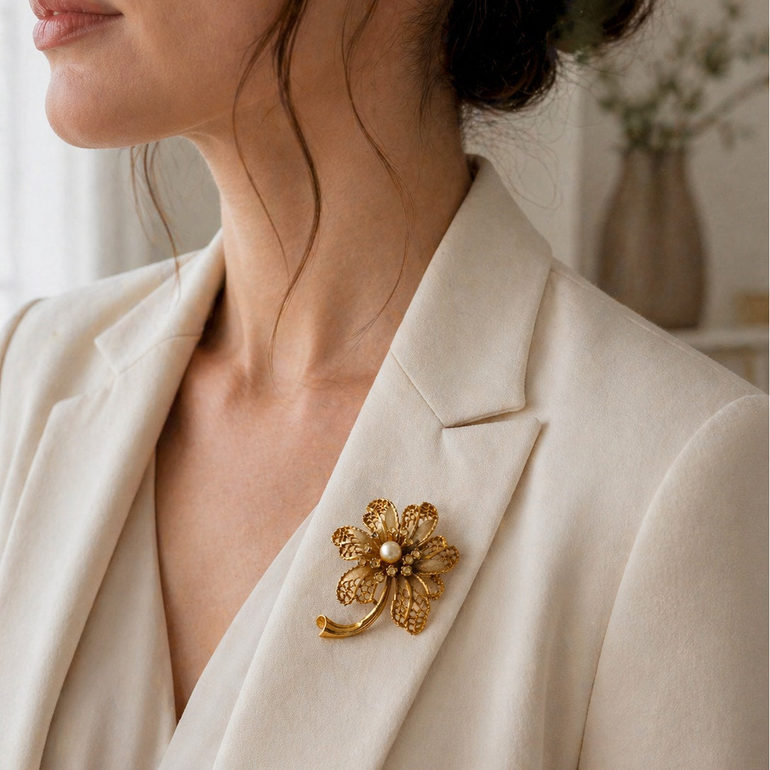 Vintage BSK Gold Tone  Flower Brooch | Mid Century Filigree Pearl Rhinestone Pin
