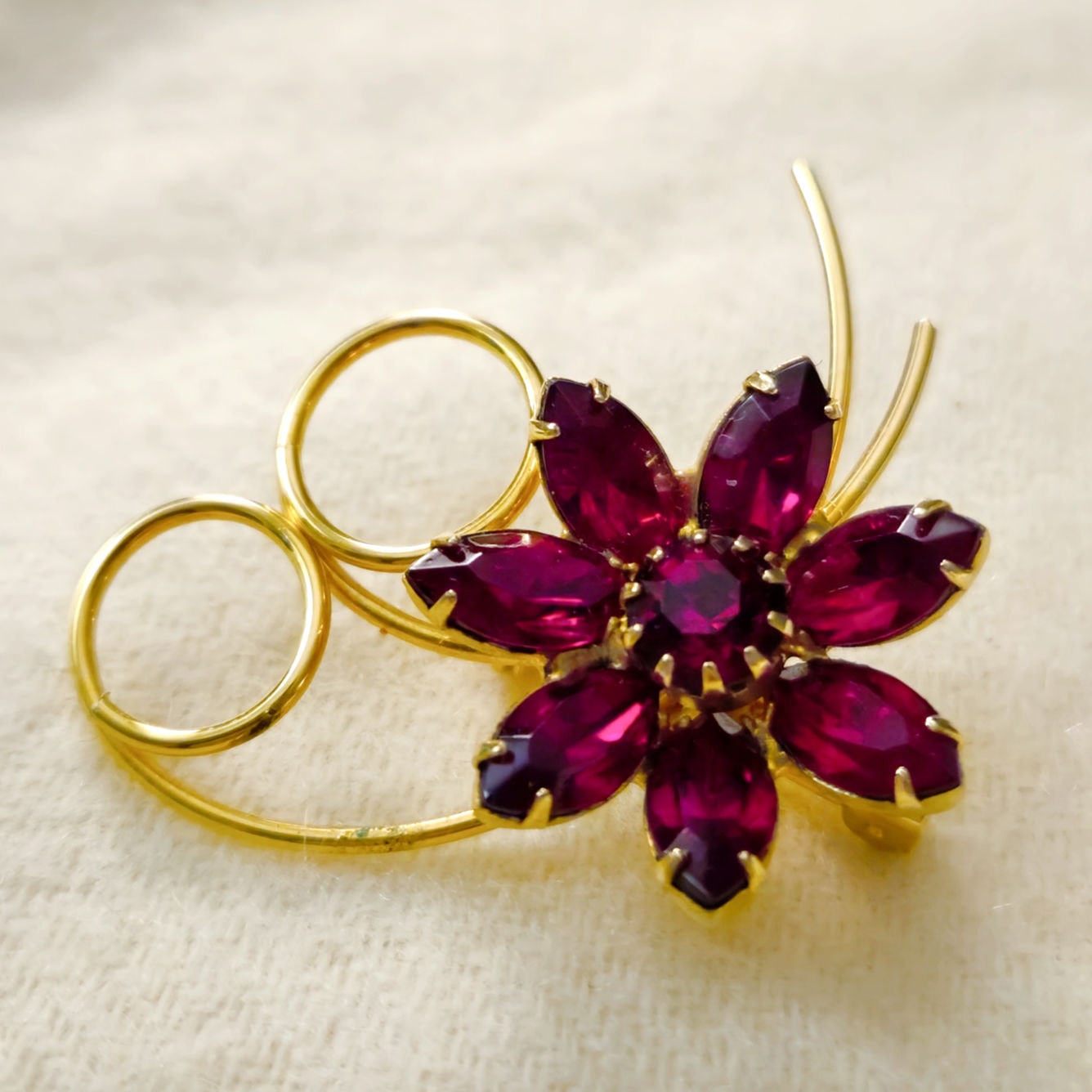 Vintage Red Rhinestone Flower Brooch Gold Tone | Mid Century Ruby Glass Statement Pin