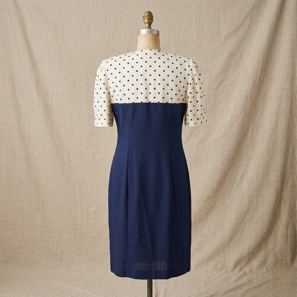 1990s Damon Petite Navy & White Polka Dot Sheath | Women's 10