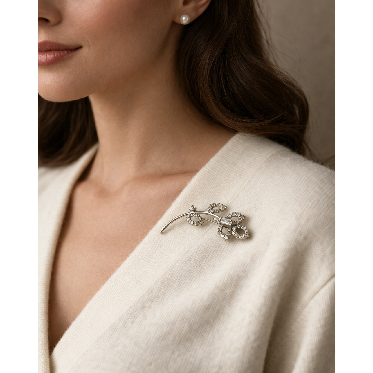 Vintage Silver Rhinestone Floral Brooch | Mid-Century Bridal Accent Pin