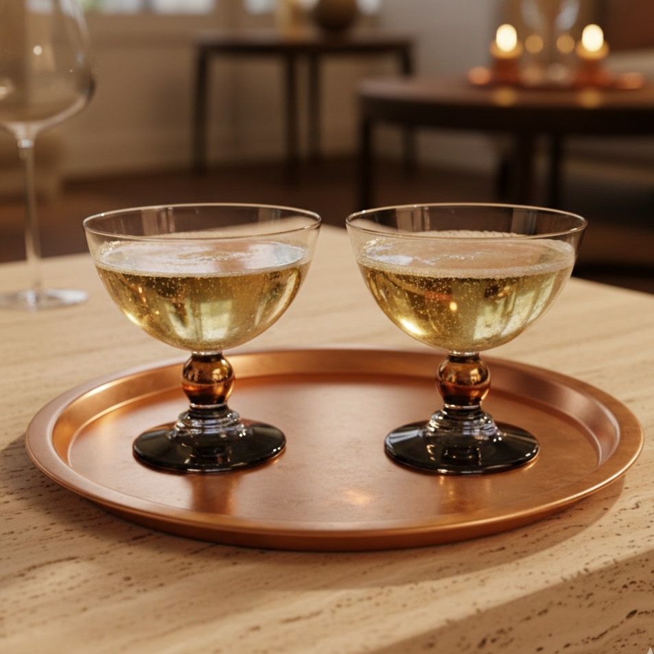 Vintage MCM Blush & Smoke Art Deco Glass Cocktail Coupes – Set of 2 Rose Copper Teal