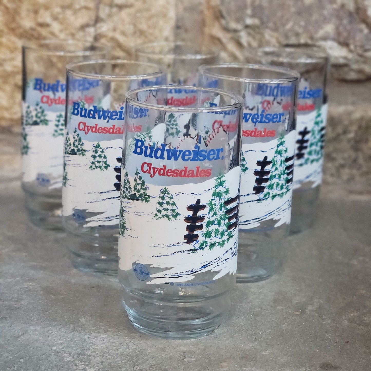Vintage Budweiser Clydesdales Glasses | 6 Anheuser-Busch Winter Scene Christmas