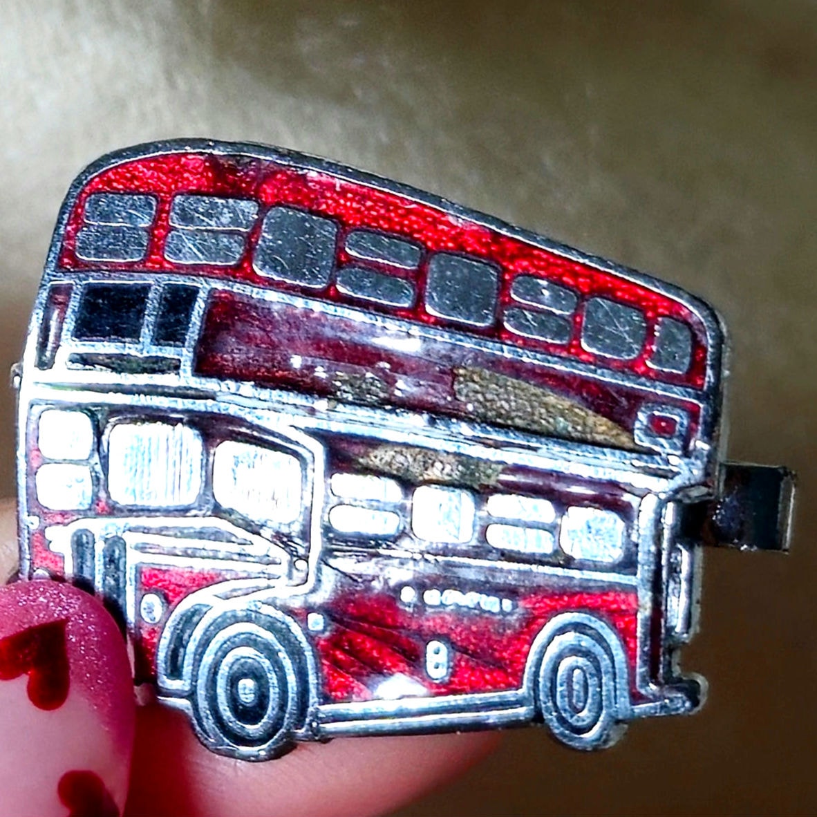 Vintage Red Double Decker Bus Brooch | 1980s Glitter Enamel London Bus Pin