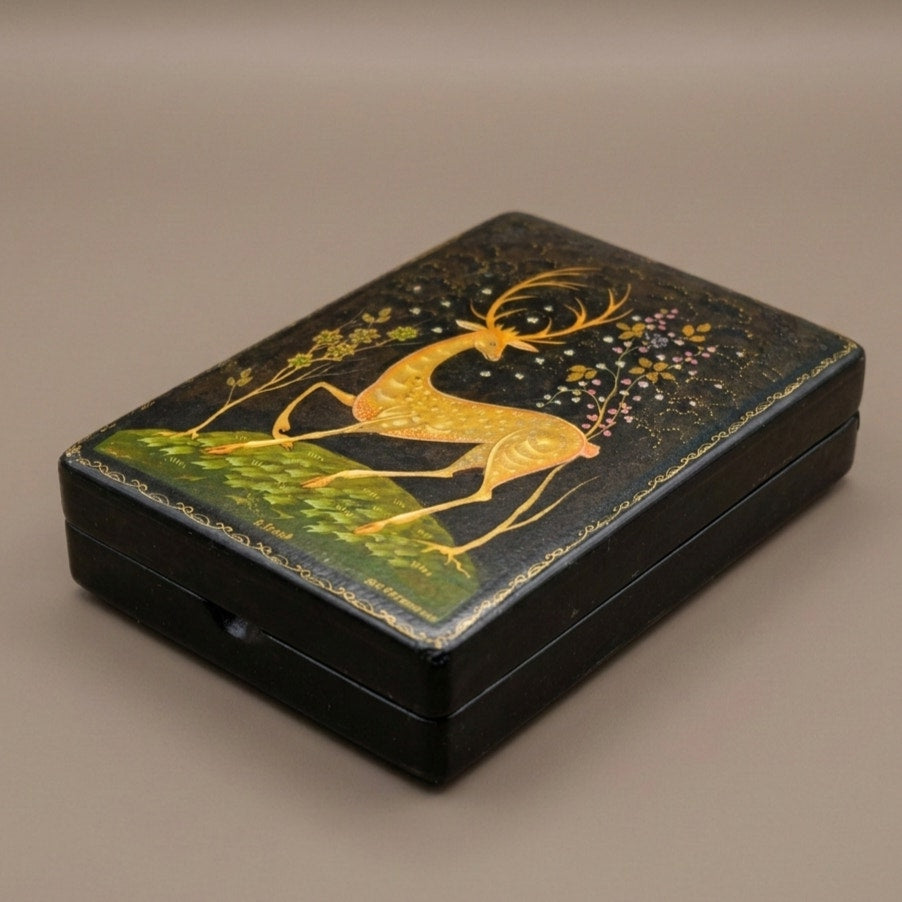 Kholuy Russian Lacquer Miniature Box – Signed & Hand Painted Deer “Lan” Scene
