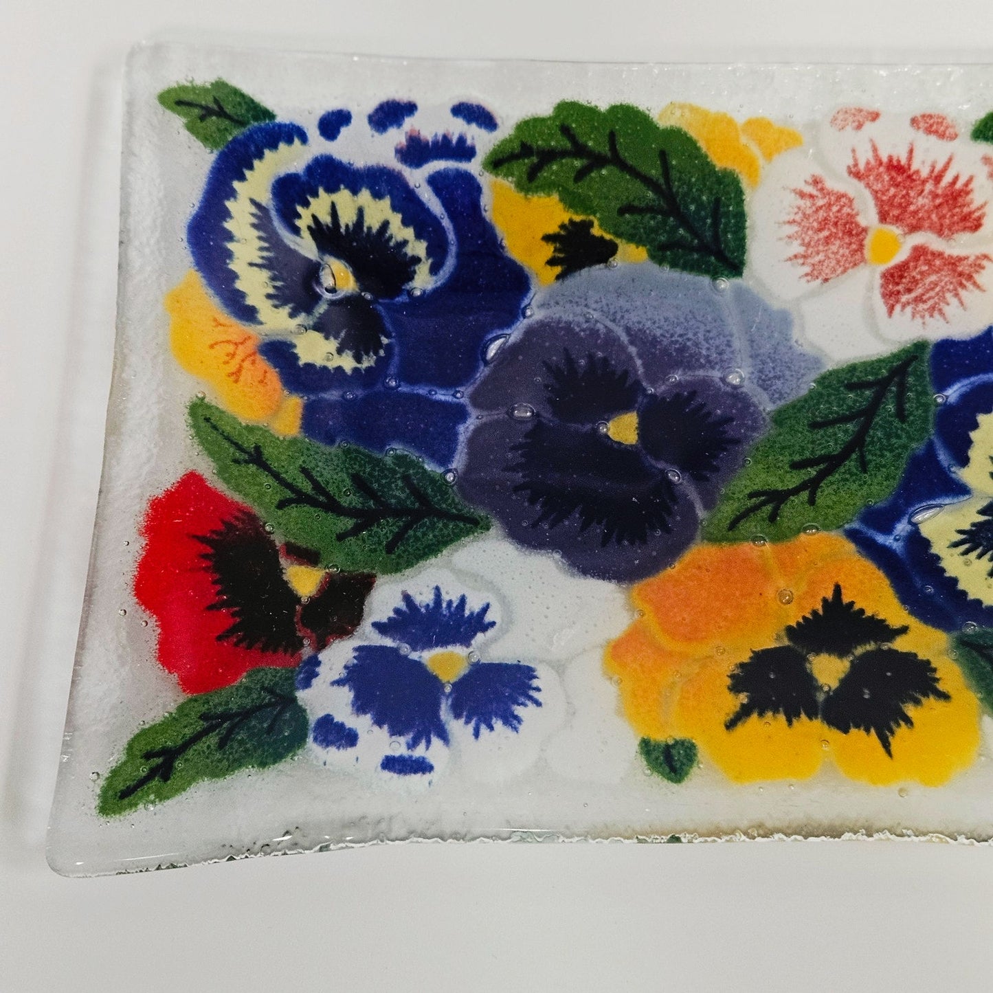 1990s Peggy Karr Pansies Fused Art Glass Rectangular Tray Trinket Dish
