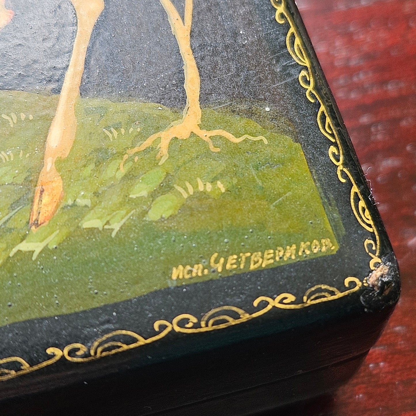 Kholuy Russian Lacquer Miniature Box | Signed & Hand Painted Deer Lan Scene