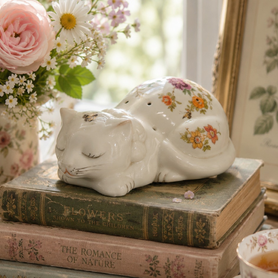 1980s East Wind San Francisco Sleeping Cat Potpourri Floral Porcelain Figurine