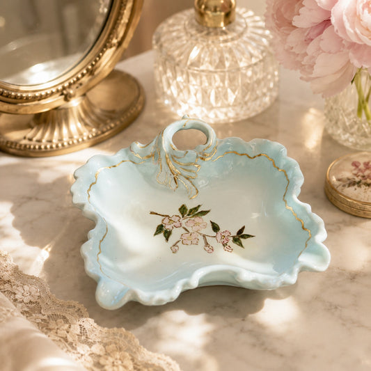 1960s Hand Painted Blue Scalloped Cherry Blossom Trinket Dish