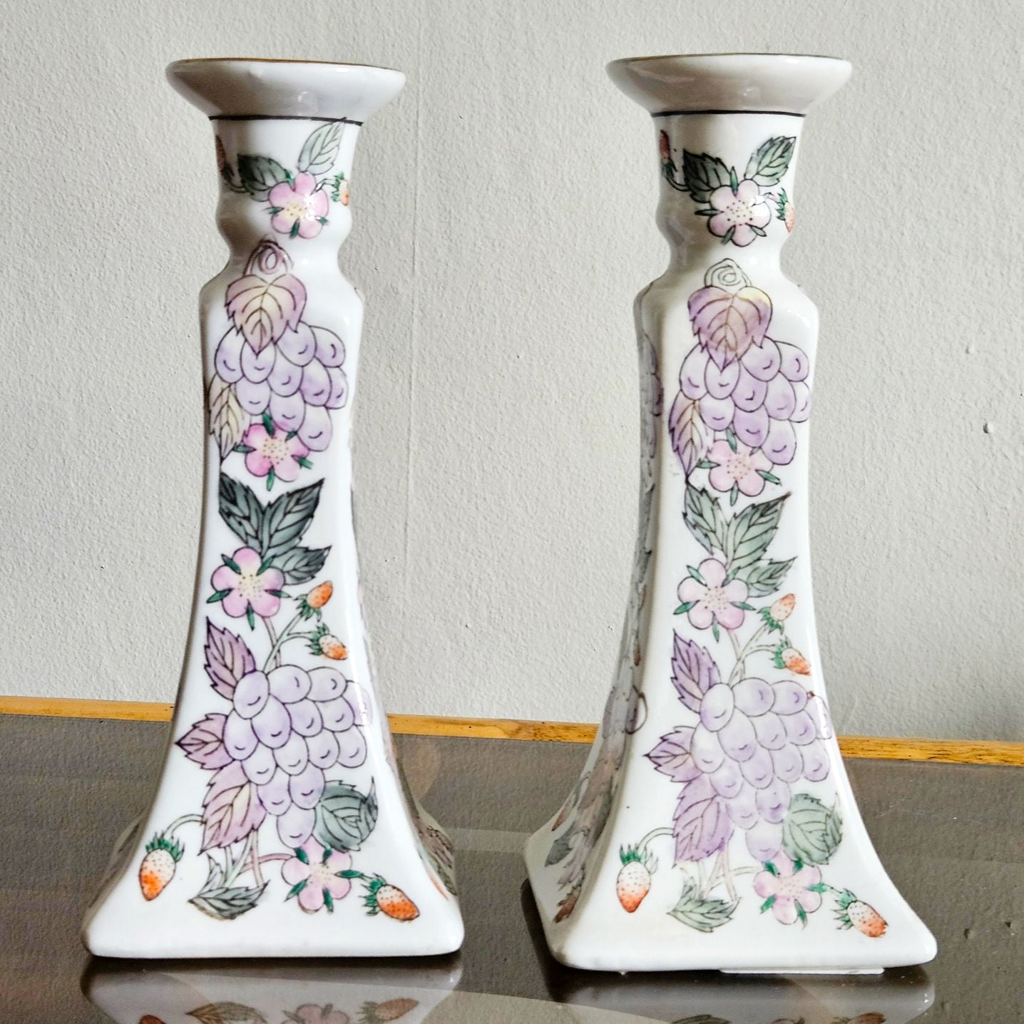 1980s Pair of Grapes & Strawberries Candlestick Holders