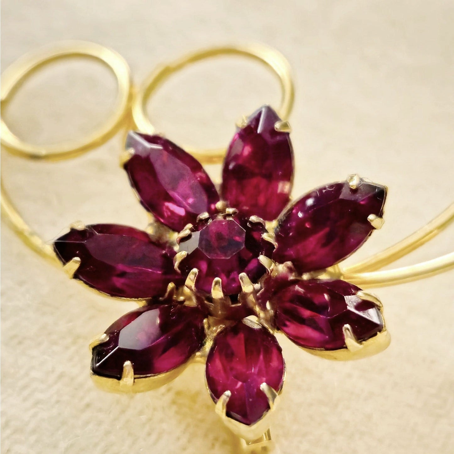 Vintage Red Rhinestone Flower Brooch Gold Tone | Mid Century Ruby Glass Statement Pin
