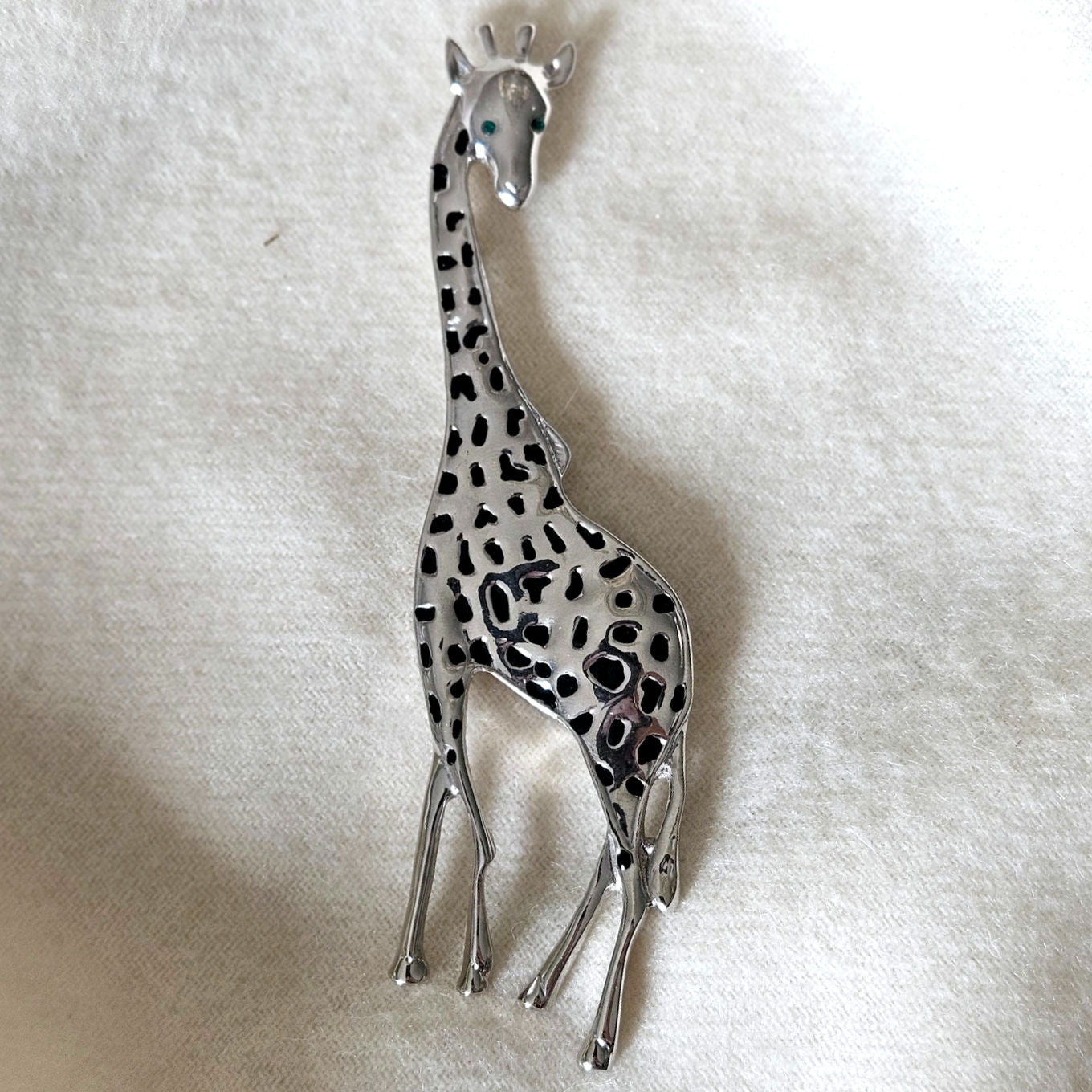 Vintage Giraffe Brooch | 1990s Silver Tone with Emerald Eyes Animal Pin