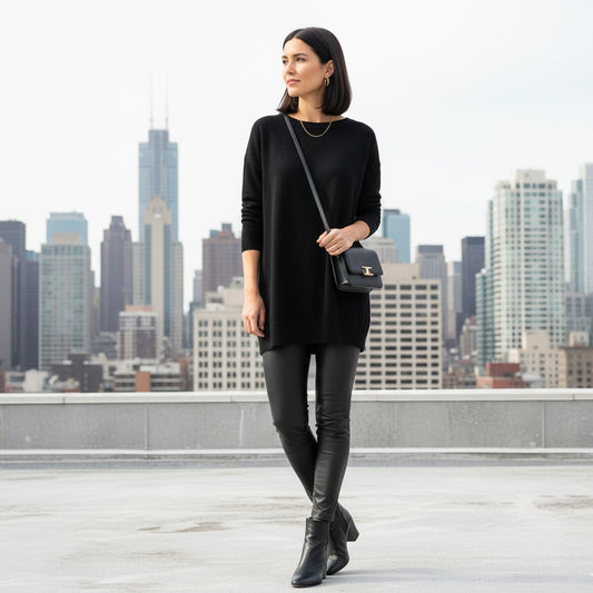 100% Italian Merino Wool Black Tunic Sweater | Women's M