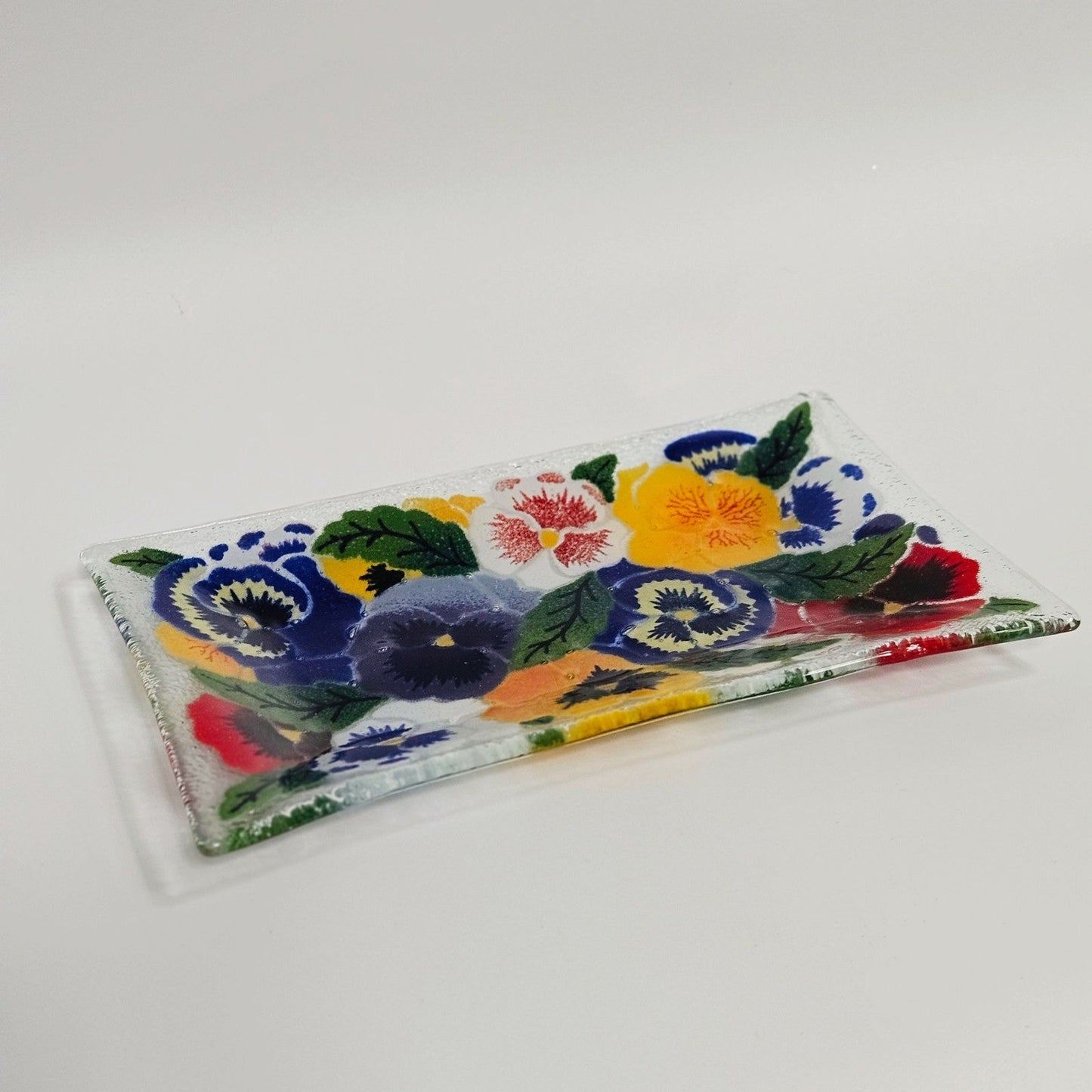 1990s Peggy Karr Pansies Fused Art Glass Rectangular Tray Trinket Dish