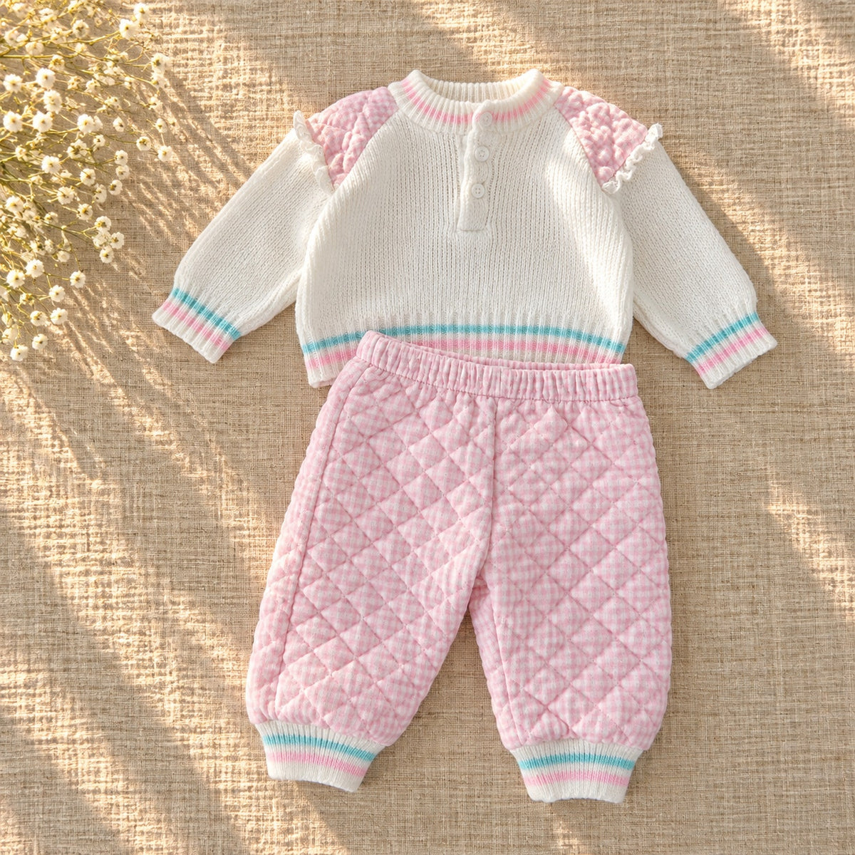 1980s Doe-Spun Cat Sweater & Quilted Gingham Pants | Girls 3-6M