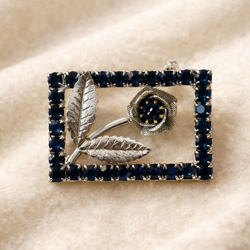 Vintage Mid-Century Blue Rhinestone Flower Brooch | Sapphire Rectangular Pin