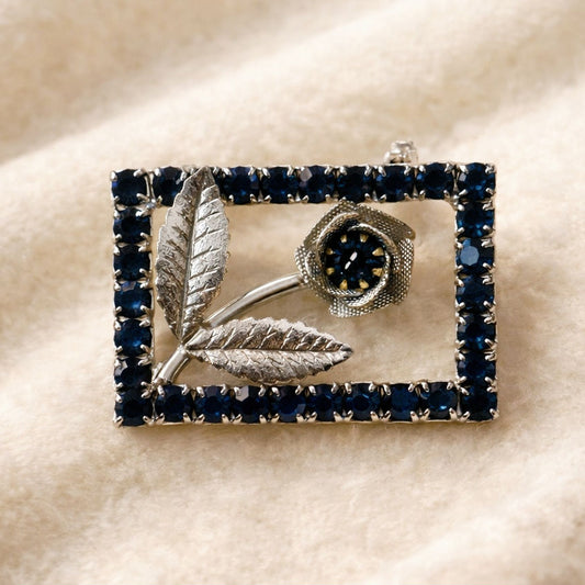 Vintage Mid-Century Blue Rhinestone Flower Brooch | Sapphire Rectangular Pin