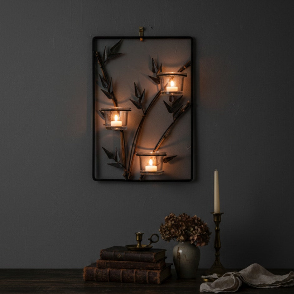 Vintage Bamboo & Metal Wall Candle Holder – 1970s Triple Glass Votive Sconce