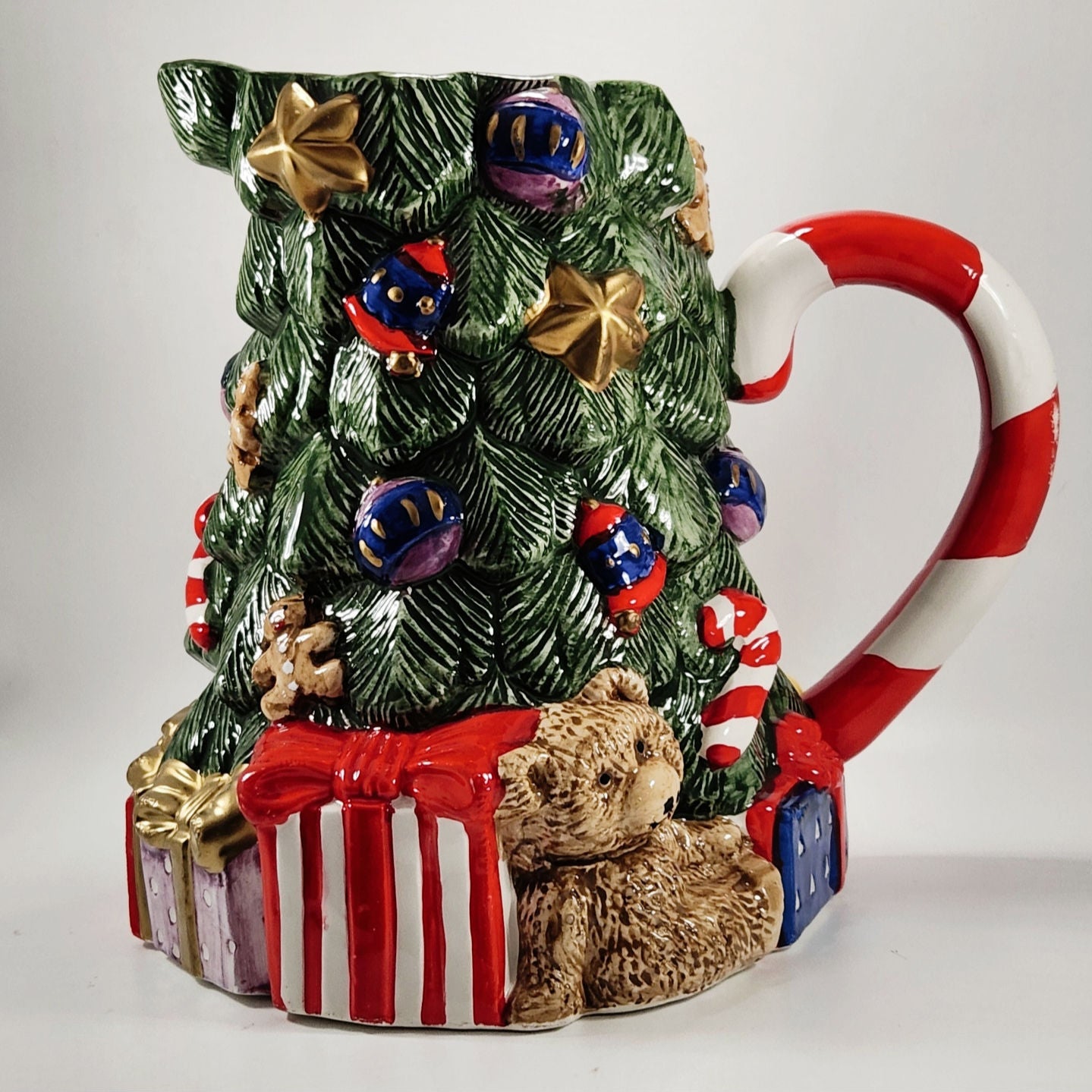 Vintage Fitz and Floyd Christmas Tree and Toys Pitcher with Candy Cane Handle