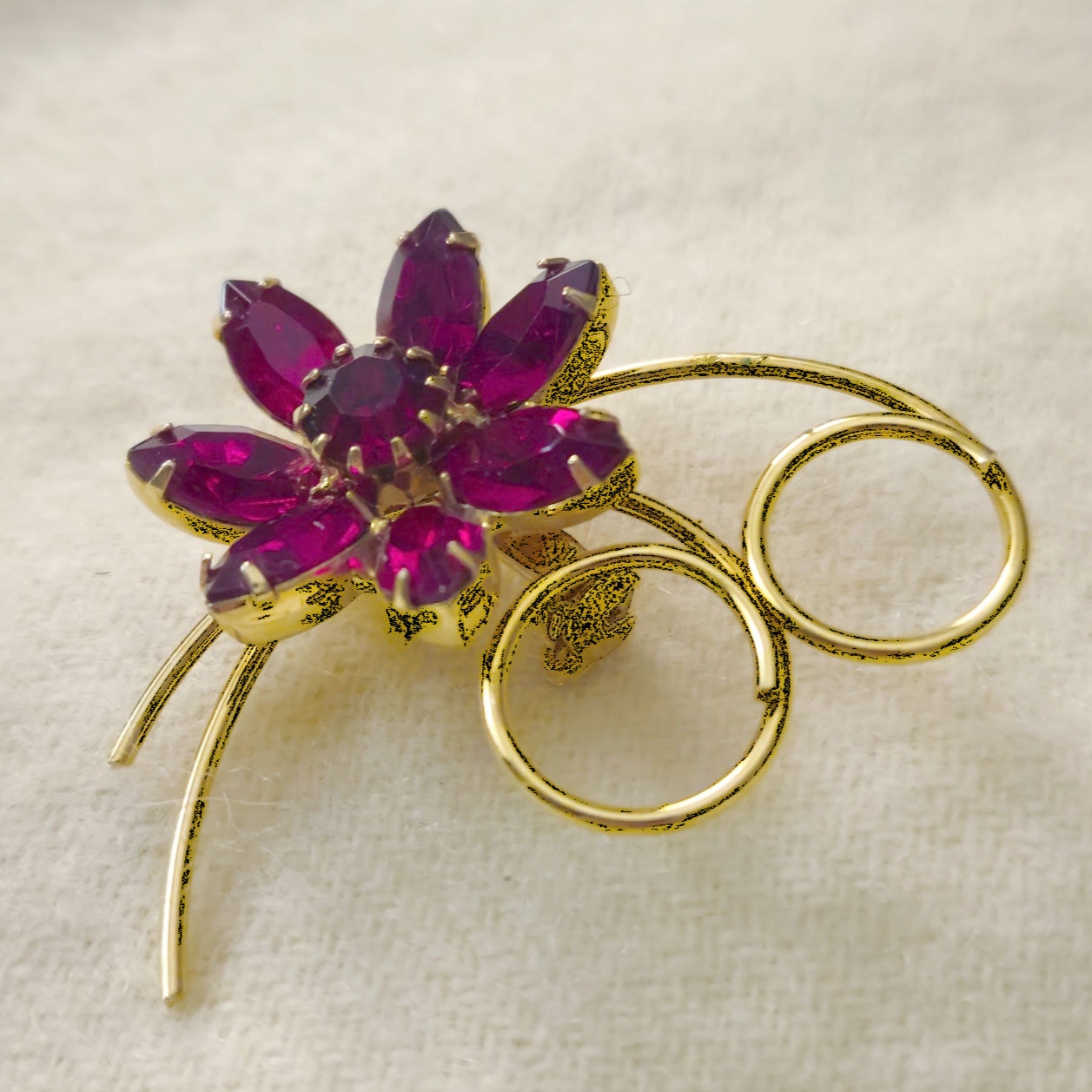 Vintage Red Rhinestone Flower Brooch Gold Tone | Mid Century Ruby Glass Statement Pin