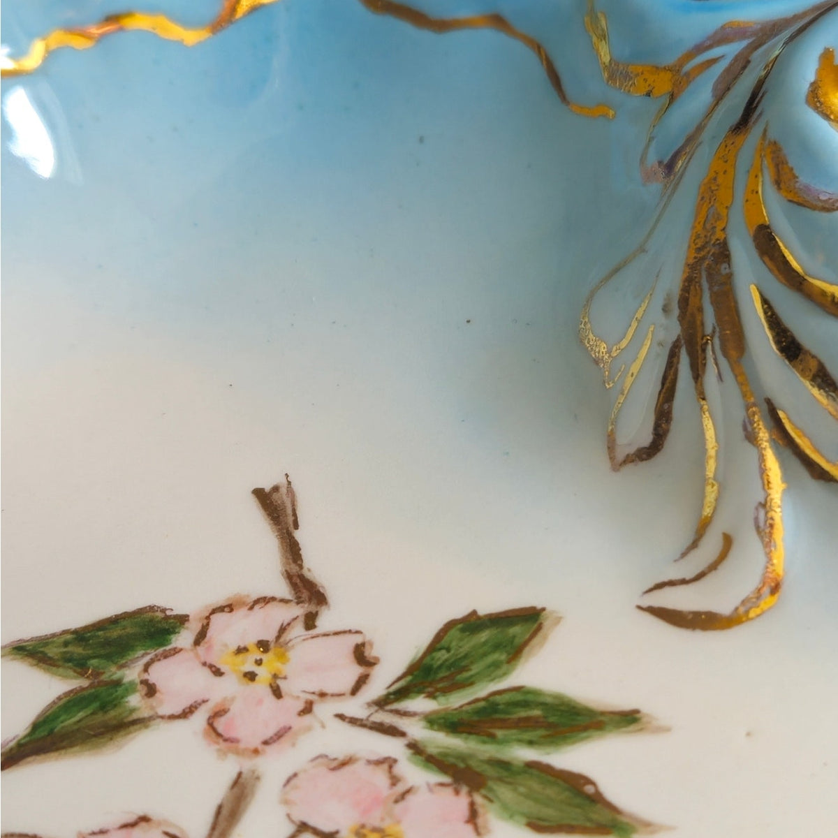 1960s Hand Painted Blue Scalloped Cherry Blossom Trinket Dish