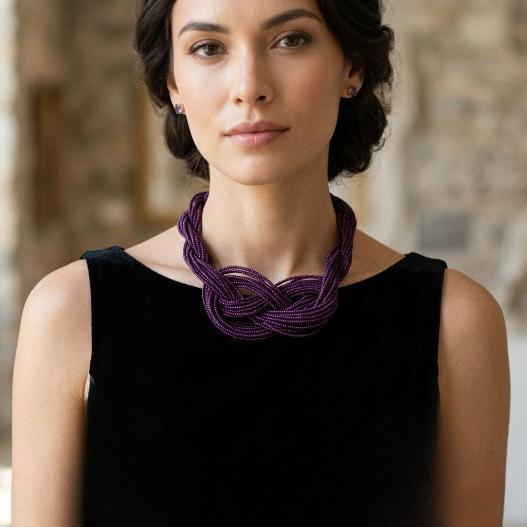 Vintage Y2K Multi-Strand Purple Seed Bead Braided Statement Necklace
