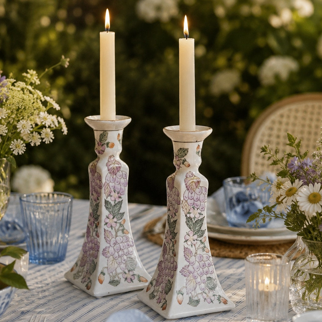 1980s Pair of Grapes & Strawberries Candlestick Holders