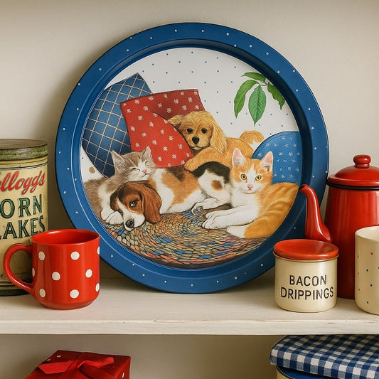 Vintage 1980s Metal Tray – Cozy Cats & Dogs Print – Blue Rim Collectible Serving Tray 13” Retro Home Kitchen Decor