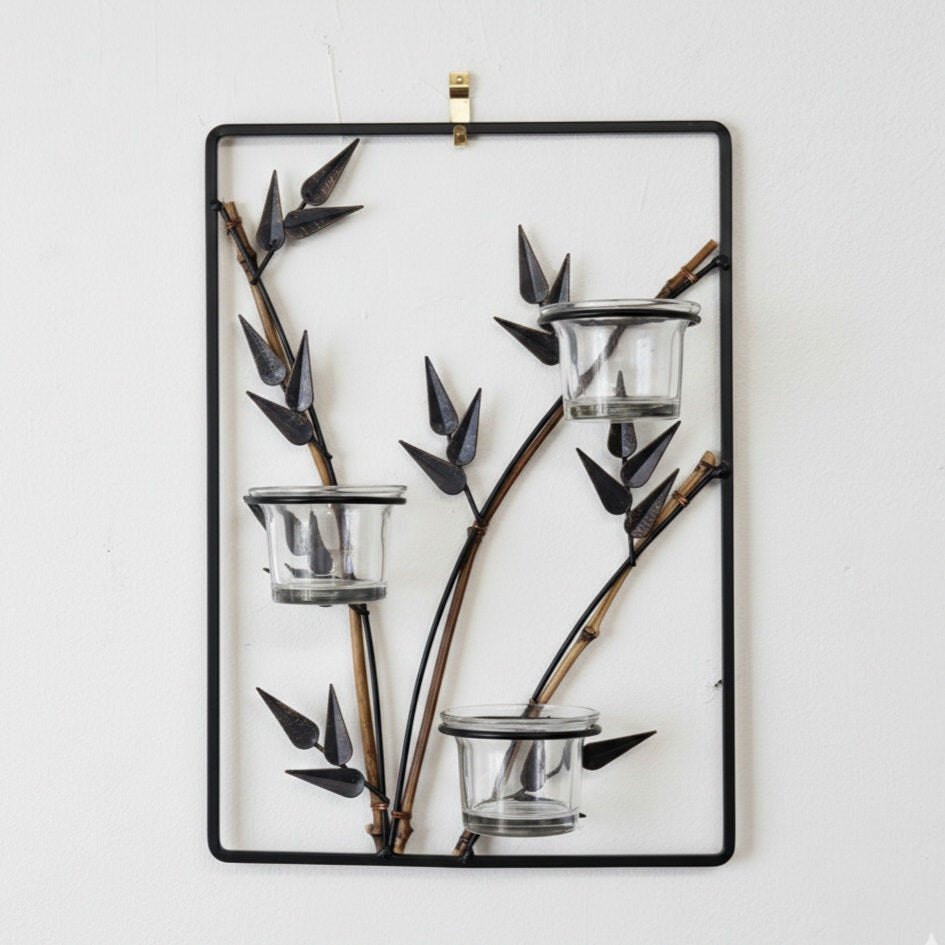 Vintage Bamboo & Metal Wall Candle Holder – 1970s Triple Glass Votive Sconce