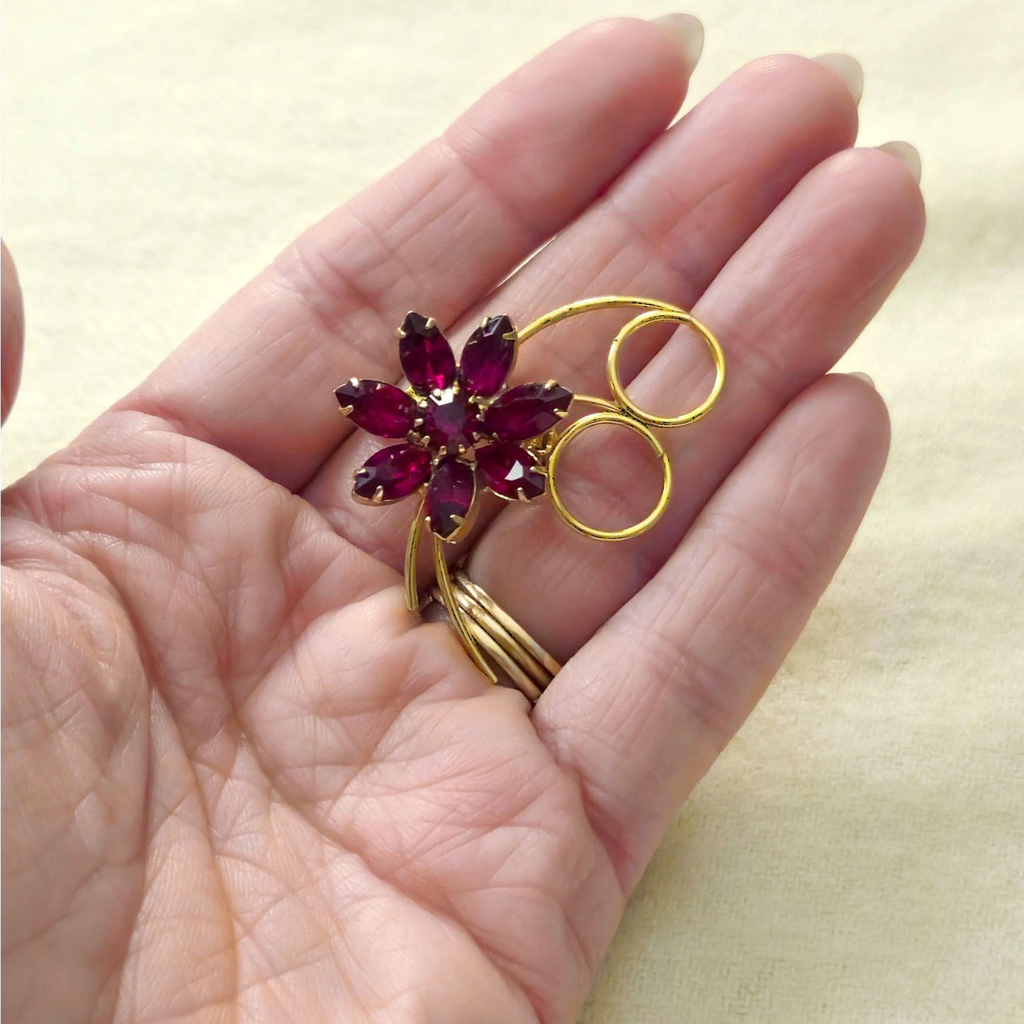 Vintage Red Rhinestone Flower Brooch Gold Tone | Mid Century Ruby Glass Statement Pin