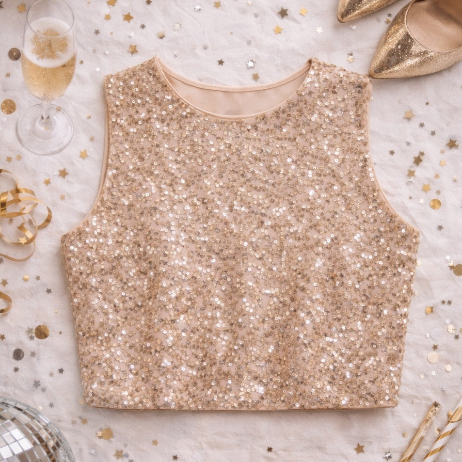 Adrianna Papell Champagne Sequin Sleeveless Evening Top | Women's 6