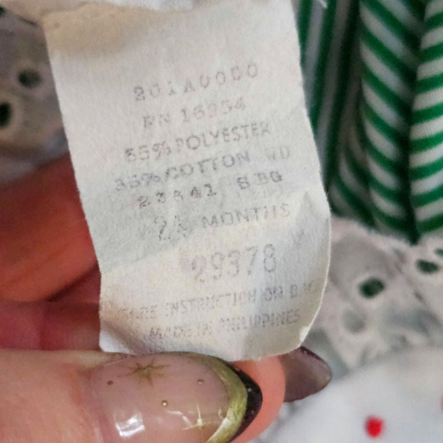 1980s Baby Togs Green Stripe Eyelet Pinafore Dress | Girls 12M
