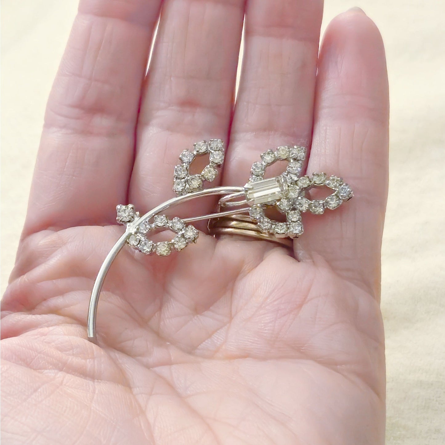 Vintage Silver Rhinestone Floral Brooch | Mid-Century Bridal Accent Pin