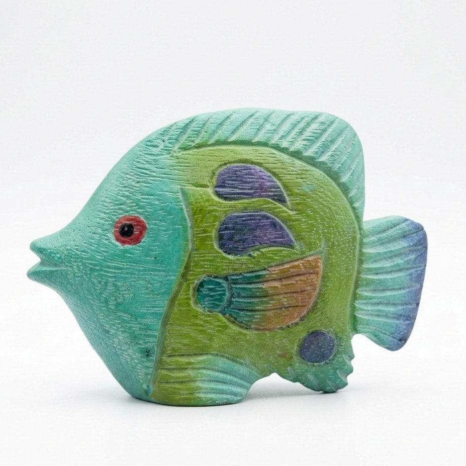 Vintage Hand Carved Wooden Fish Figurine | Mid-Century Turquoise Coastal Art