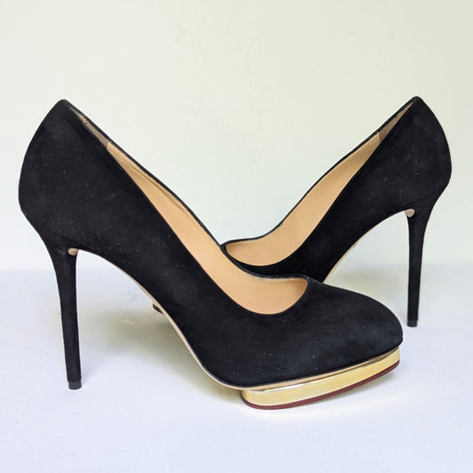 Charlotte Olympia Black Suede & Gold Debbie Pumps Women's 39 / 8.5