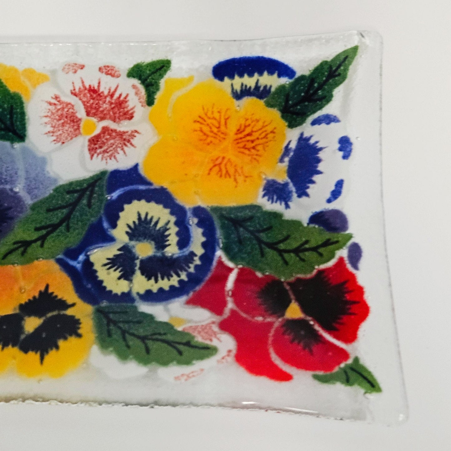1990s Peggy Karr Pansies Fused Art Glass Rectangular Tray Trinket Dish