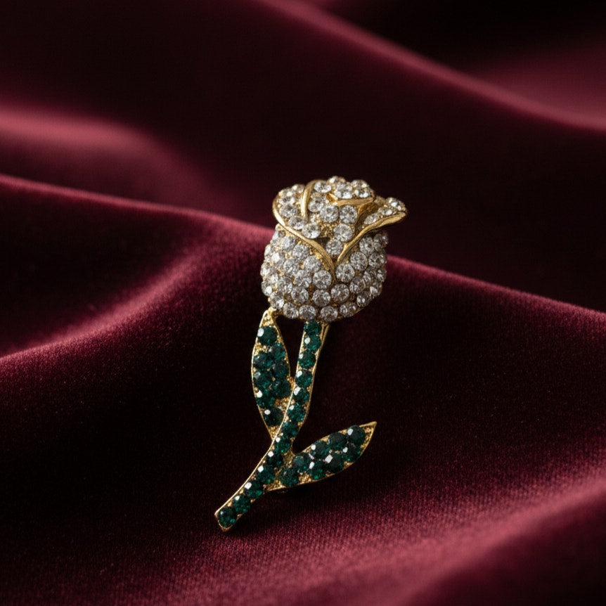 Vintage Jonette JJ Rose Brooch | 1980s Gold Tone Emerald Rhinestone Flower Pin